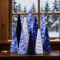 10 Peças de Árvores Decorativas em Veludo Azul e Branco Estilo Chinoiserie de 10", 8" e 6" com Glitter, para Centro de M