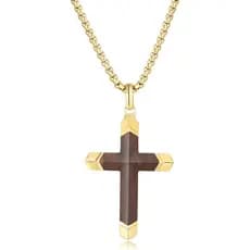 Wooden Cross Necklace for Men, 18K Gold Plated Stainless Steel Mens Cross Necklaces Hand Inlaid Real Ebony, Christian Bl