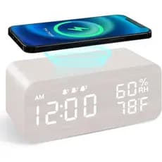 Relógio Despertador Digital de Madeira com Carregamento Sem Fio, 3 Alarmes, Display LED, Controle de Som e Função Soneca
