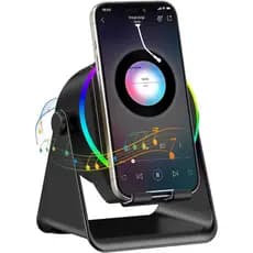 Caixa de Som por Indução Sem Fio TARKARI, Caixa de Som Bluetooth 5 em 1, 360 °   Suporte giratório para celular com luz