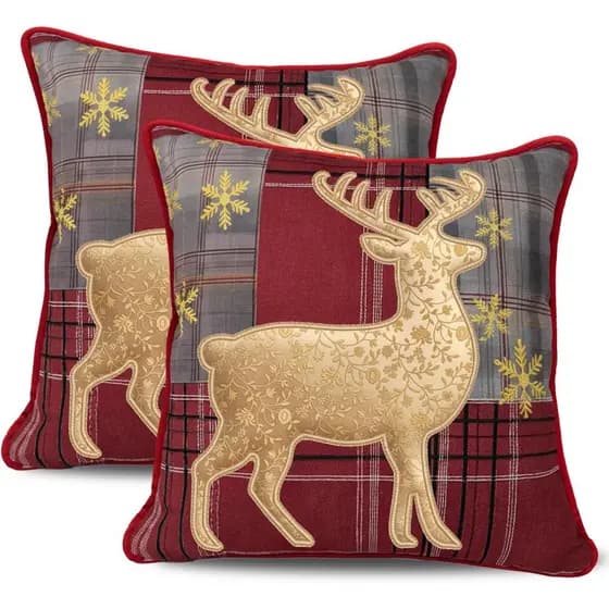 Capas de Almofada de Natal com Renas 18x18, Conjunto de 2, Capas de Almofada Bordadas com Renas em Xadrez Vermelho, Capa