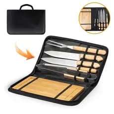 Kit Churrasco 6 Peças Aço Inox Tábua Garfo Faca Maleta Estojo Profissional Churrasqueira Acessório