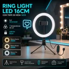Ring Light LED 6" 16cm com Tripé de Mesa Suporte para Celular USB Fotos Vídeos