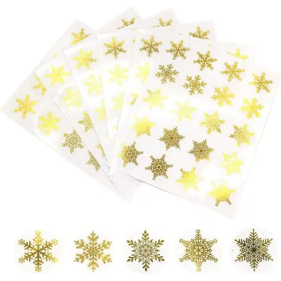Adesivos de Flocos de Neve de Natal de 1,5 polegadas/500 unidades em 25 folhas de 20 adesivos, 5 designs dourados transp
