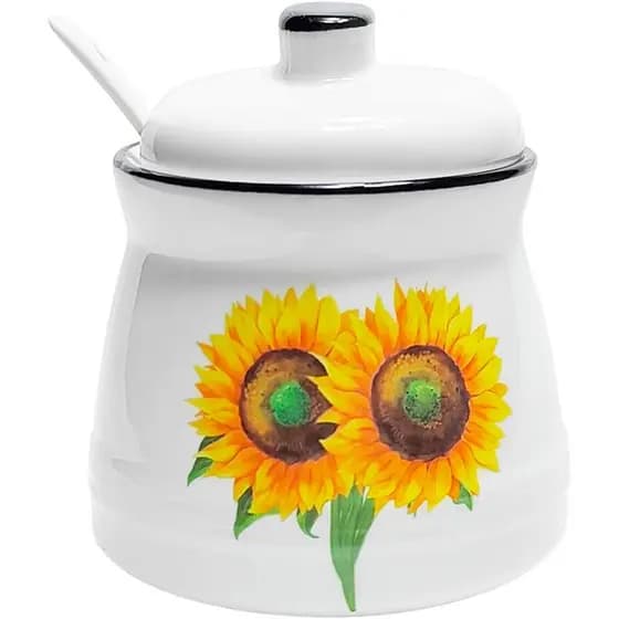 Açucareiro de Cerâmica em Forma de Girassol com Tampa e Colher, Pote de Açúcar para Bar de Café, Decoração e Acessórios