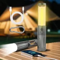 Lanterna de Camping Recarregável e Lanterna de Mão 2 em 1, Luz LED Telescópica com 6 Modos, Saída USB, Tela LCD, Resistê