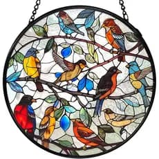 Decoração de Janela em Vitral com Pássaros, Apanhadores de Sol Rústicos Estilo Cottagecore para Janelas Internas, Arte d