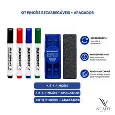 Pincel para Quadro Branco Masterprint + Apagador c/ Imã - Kit 4 e 12 unidades - Azul/Vermelho/Preto/Verde