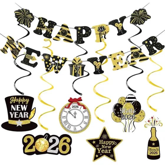 Faixa de Feliz Ano Novo em Preto e Dourado, Faixa de Feliz Réveillon 2026, Faixas de Feliz Ano Novo 2026 para Decorações
