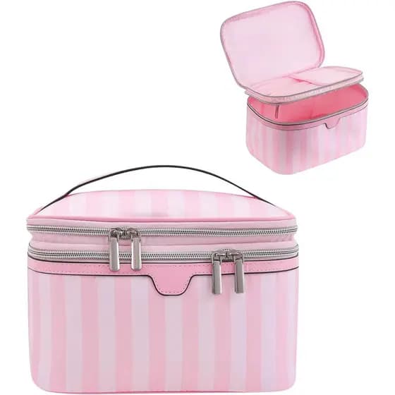 Bolsa de Maquiagem de Viagem Grande e Impermeável de Dupla Camada, Estojo Cosmético Estético de Nylon Listrado, Bolsa de