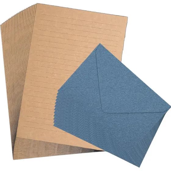 Conjunto de 36 Peças de Papel para Cartas e Envelopes Azul Lago, 24 Folhas de Papel para Escrita + 12 Envelopes 4x6 para