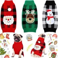 Sanwuta 3 Pack Dog Christmas Sweater, Santa Reindeer Snowman Knitted Sweaters for Dogs, Christmas Holiday Xmas Winter Pa