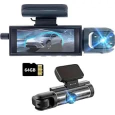 Câmera Veicular Frontal e Interna, Dashcams para Carros com Cartão de 64GB, Gravador de Trânsito, Visão Noturna IR, Grav