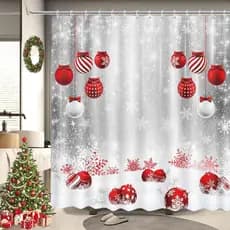 Cortina de Chuveiro de Natal MEHOFOND com Cenário de Neve Prateada e Bolas Vermelhas para Banheiro, Decoração de Natal e