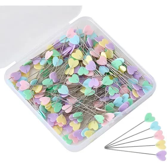 200 Alfinetes de Costura Coloridos com Cabeça Plana e Caixa de Armazenamento, Alfinetes em Forma de Coração para Costura