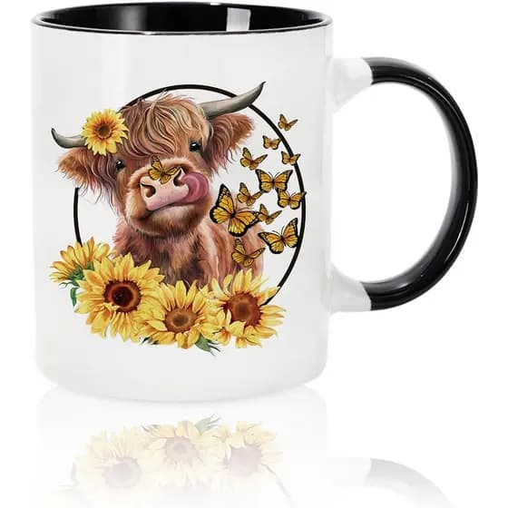 Caneca de Cerâmica com Motivo de Vaca Highland e Girassol, para Café, Estilo Fazenda de Outono, para Casa, Escola, Escri