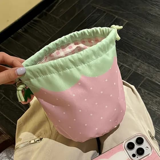 Nova Bolsa de Armazenamento com Cordão na Cor Morango, Bolsa Organizadora Feminina Compacta e Charmosa, Organizador de V