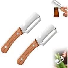 Conjunto de 2 peças de descascadores multifuncionais em aço inoxidável, equipado com cabo de madeira e abridor de garraf
