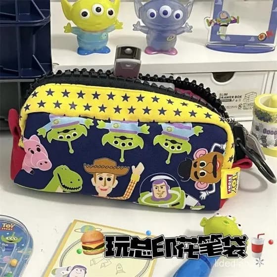 Toy story grande bolsa de caneta com zíper dos desenhos animados saco de papelaria com impressão em azul marinho de gran