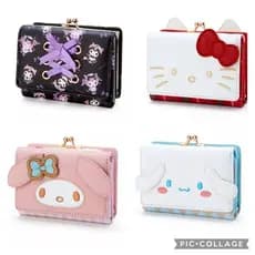 Carteiras com padrões de gatos fofos, principalmente no estilo japonês, incluindo Kuromi, Cinnamoroll e Me