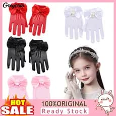 Nylon Polyester Cotton Gloves Charming Kids Lace Short for Girls 4-8 Years – Elegant Bow for Tea Party Wedding Flower