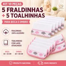 Kit Enxoval Bebê 10 Peças 5 Fraldinhas de Boca + 5 Toalhinhas de Ombro 100% Algodão com Pompom Maternidade