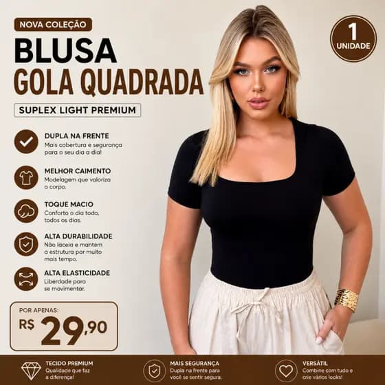 Blusa Feminina Gola Quadrada Plus Size Suplex Light Com Forro Frontal 38 ao 52