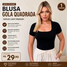 Blusa Feminina Gola Quadrada Plus Size Suplex Light Com Forro Frontal 38 ao 52