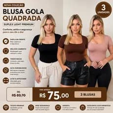 Kit 3 Blusas Femininas Plus Size Gola Quadrada Suplex Light Forro Frontal – Conforto 38-52