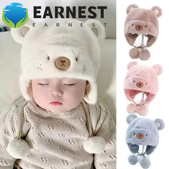 EARNEST Bear Hats for Babies, Warm Winter Newborn Caps, Soft Wool Ear Protection Hats for Boys