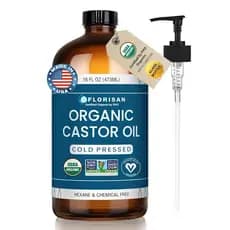 Óleo de Rícino Orgânico Florisan 16oz Garrafa de Vidro, Prensado a Frio, Sem Hexano, Não-OGM, 100% Puro para Crescimento