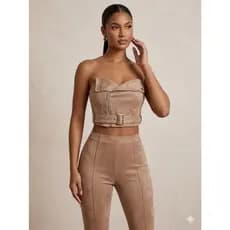 Conjunto Veludo Feminino Tomara Que Caia + Calça Cintura Alta