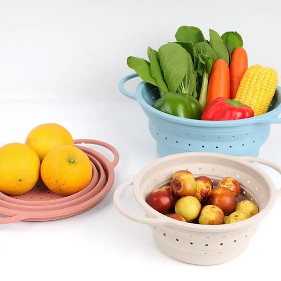 Cesta de drenagem dobrável de Silicone, cesta de frutas retrátil redonda certificada pela FDA, ferramentas de cozinha do