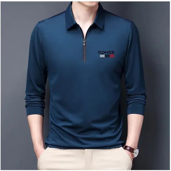 【Zíper no Colarinho】Men's Casual Long Sleeve T-Shirt with Zipper Collar for Office/Outdoor/Everyday Wear | Camisa Mascul
