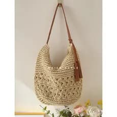 Bolsa francesa retrô de tecido com borla, bolsa de palha de grande capacidade, estilo preguiçoso, axila, bolsa de ombro,