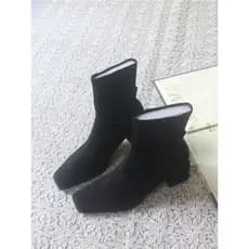 Botas curtas de salto grosso femininas outono inverno novo estilo tecido de lã dedo do pé quadrado botas nuas flanela sa