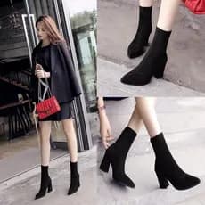 Outono inverno novo estilo bico fino botas curtas salto alto fogão salto grosso estiramento meias botas femininas versão