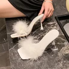 Verão novo estilo estilo de fadas sapatos de pele transparente Stiletto exterior usar salto alto elegante Flip-Flops san