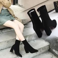 Outono novo estilo apontou Toe influenciador salto grosso volta zíper Martin botas finas meias botas de inverno elástico