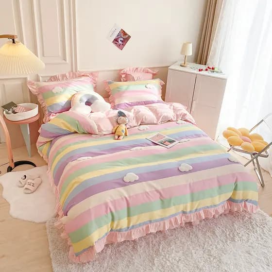 Algodão puro bonito estilo princesa cama conjunto de quatro peças listrado influenciador saia de cama algodão colcha cap