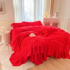 Conjunto de quatro peças estilo princesa de algodão puro, renda rosa, babados, capa de edredom de algodão, saia de cama