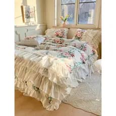 Conjunto de quatro peças de algodão puro estilo princesa babados pele-amigável capa de edredão macia menina coração saia