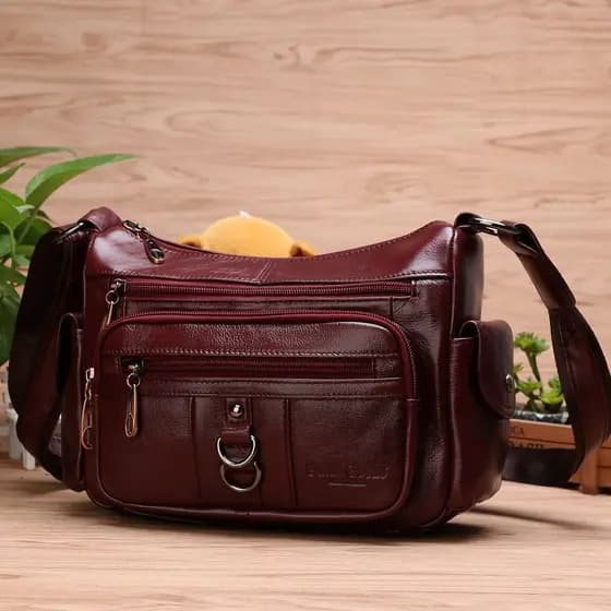 Bolsa mensageiro feminina de meia-idade, Coral dourado, primeira camada, couro macio, bolsa de ombro, couro genuíno
