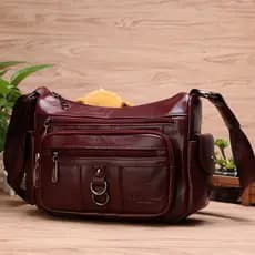 Bolsa mensageiro feminina de meia-idade, Coral dourado, primeira camada, couro macio, bolsa de ombro, couro genuíno