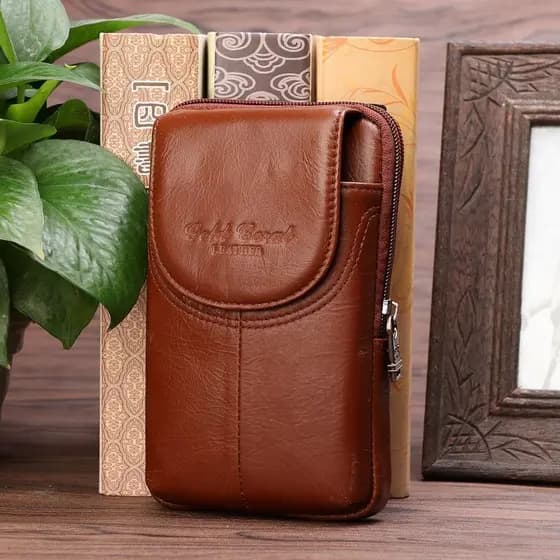 Golden Coral Bolsa de cintura para celular masculina com tela grande 19cm 20cm 21cm Bolsa de cintura de couro genuíno Bo