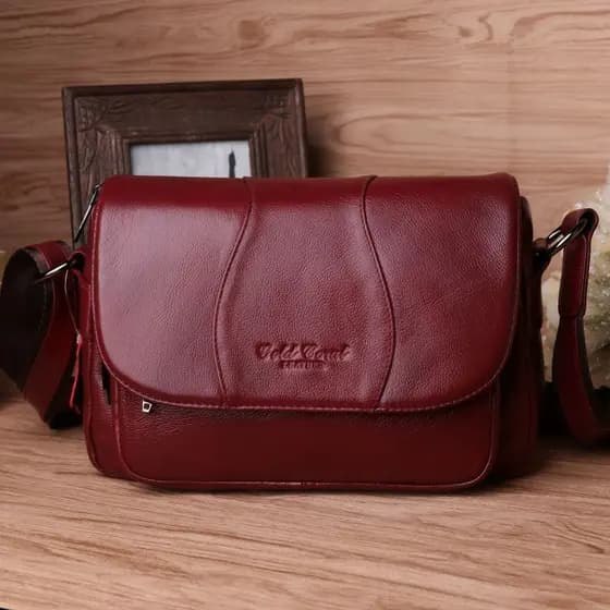 Golden Coral Bolsa Feminina de Meia-idade Bolsa Mensageiro Primeira Camada Bolsa de Ombro de Couro Mensageiro
