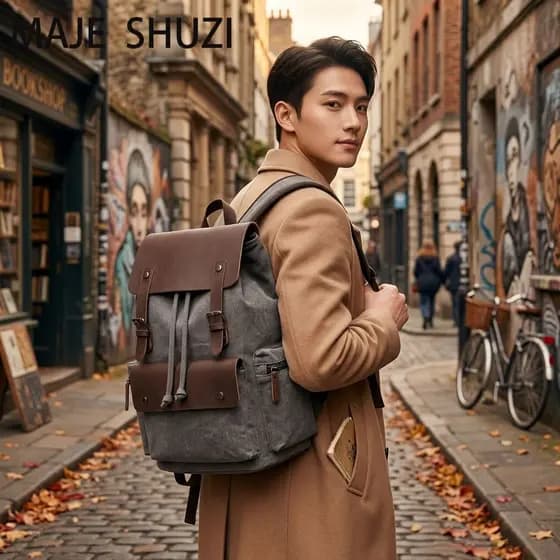 MAJE SHUZI Simples Retro Tooling Mochila Masculina Lona Lavada Bolsa de Computador de Grande Capacidade Bolsa de Viagem