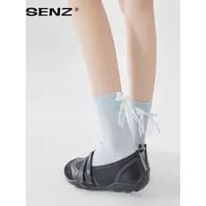Estilo de balé meias femininas verão fino meados de tubo meias Bowknot azul com Mary Jane sapatos verão malha respirável