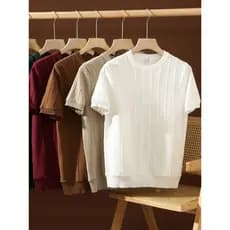 Cor sólida tecido abacaxi textura moda manga curta camiseta masculina High-End luz luxo respirável malha em torno do pes