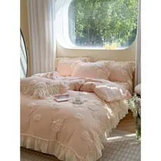 Cama de algodão rosa fada francesa conjunto de quatro peças algodão puro estilo princesa tridimensional flor renda colch